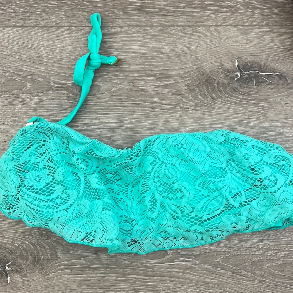 Skinny Bikini Lace bandeau top. Removable neck tie. Sz. M Good condition /Aqua